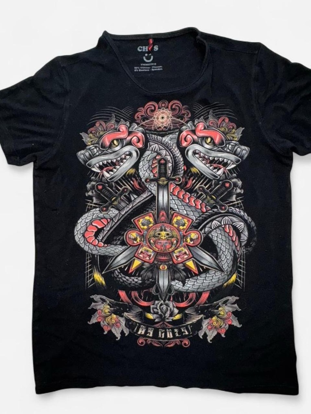 CHS Graphic Snake & Sword Black Stretch Tee | Size S | Edgy Tattoo Style